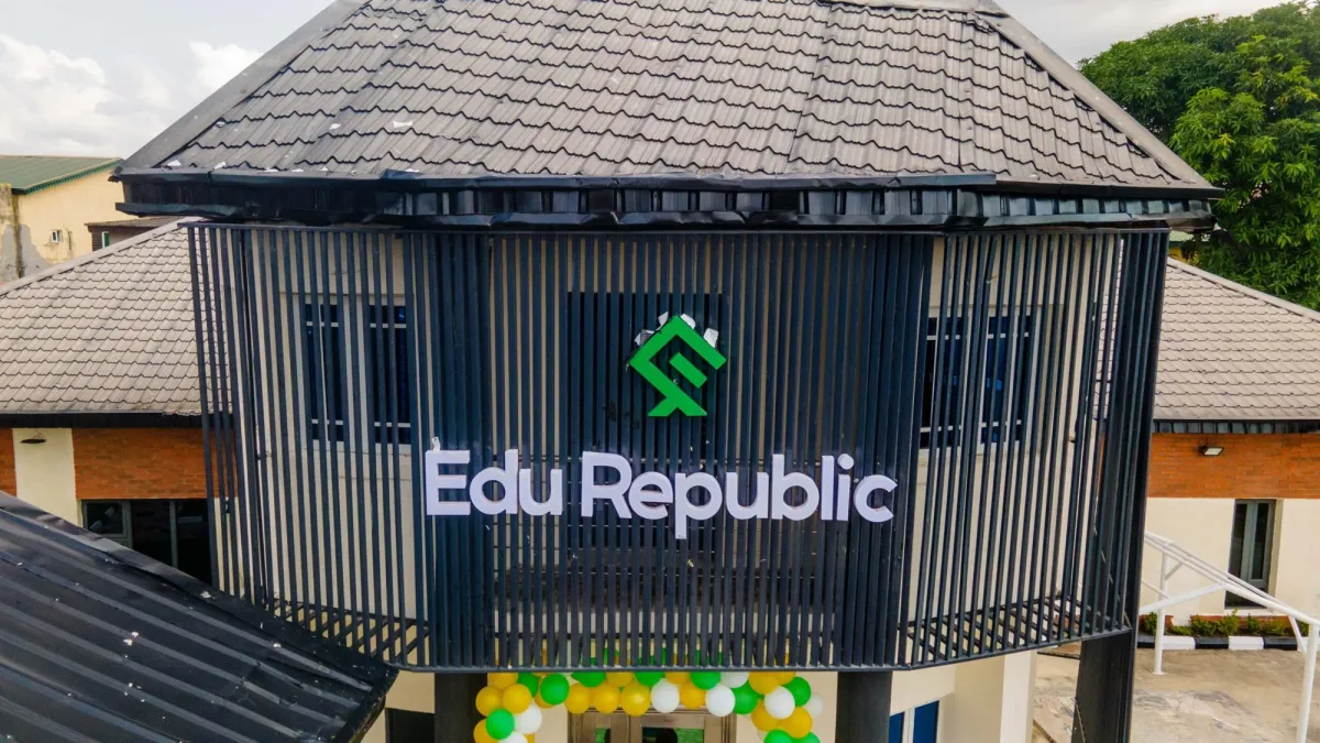 Aerial view of the EduRepublic building and signage