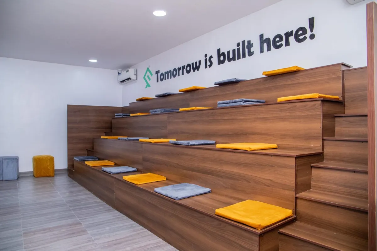 Tiered seating under the words “Tomorrow is built here!” at EduRepublic