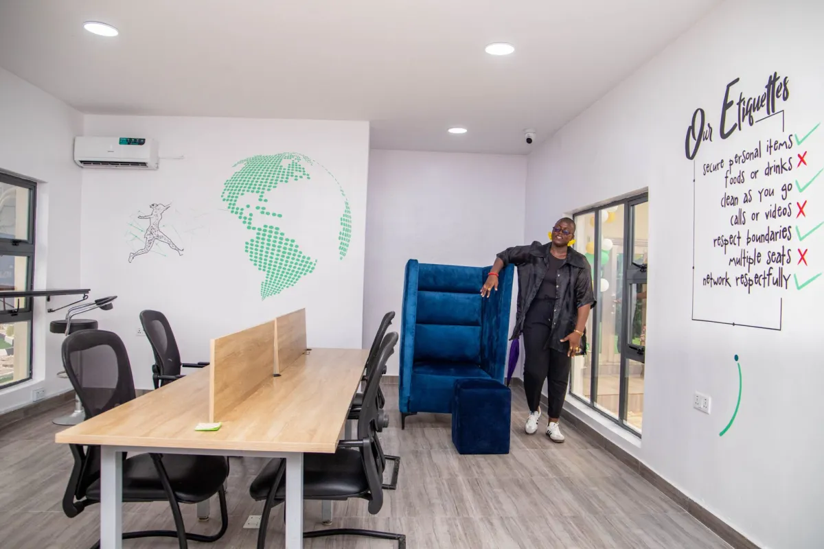 Desks and chairs in a bright workspace at EduRepublic